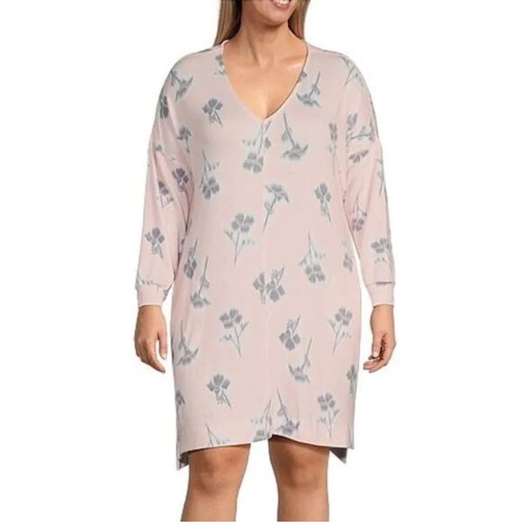 DK 2X Pink White Gray Heather Rose Brushed Mark Jersey Long Sleeve Lounge Gown - Picture 1 of 16